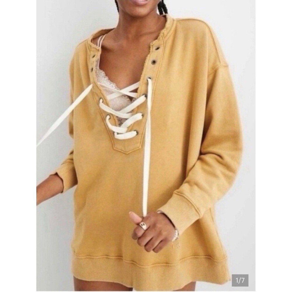Aerie Sweatshirt Good Vibes Sz S Lace Up Yellow Gold Oversized Pullover